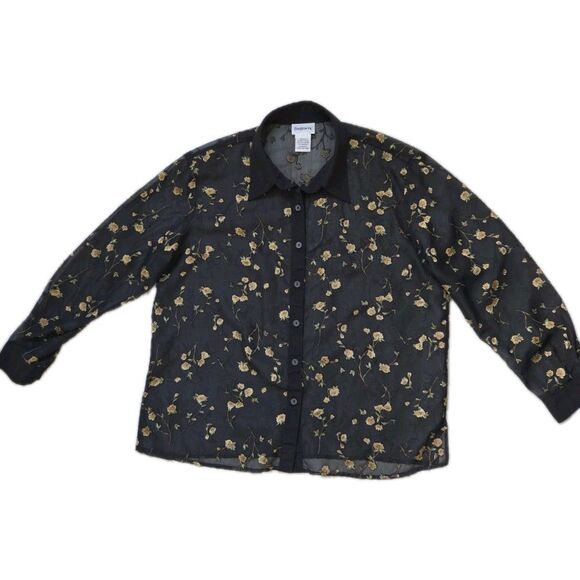 BonWorth Tops - BonWorth M Petite Black Sheer Floral Embroidered Button Up Blouse Long Sleeve
